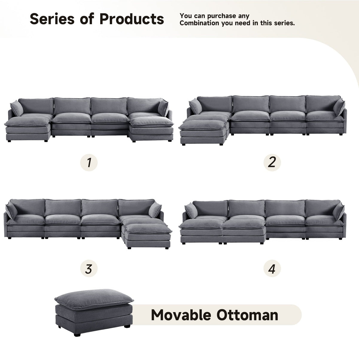 Canapé sectionnel en velours côtelé avec ottomans amovibles & coussins ultra-doux pour salon & chambre