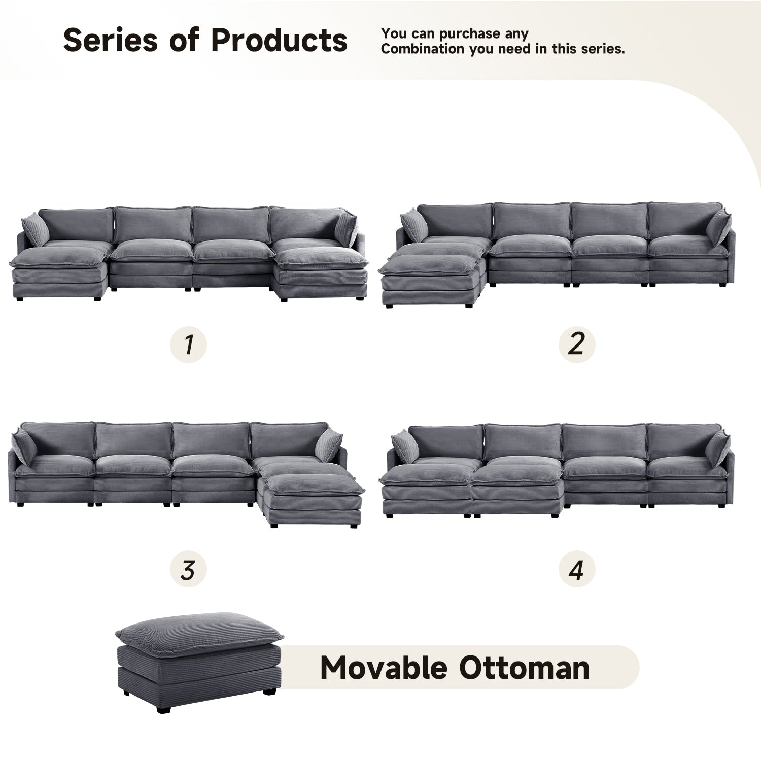 Canapé sectionnel en velours côtelé avec ottomans amovibles & coussins ultra-doux pour salon & chambre