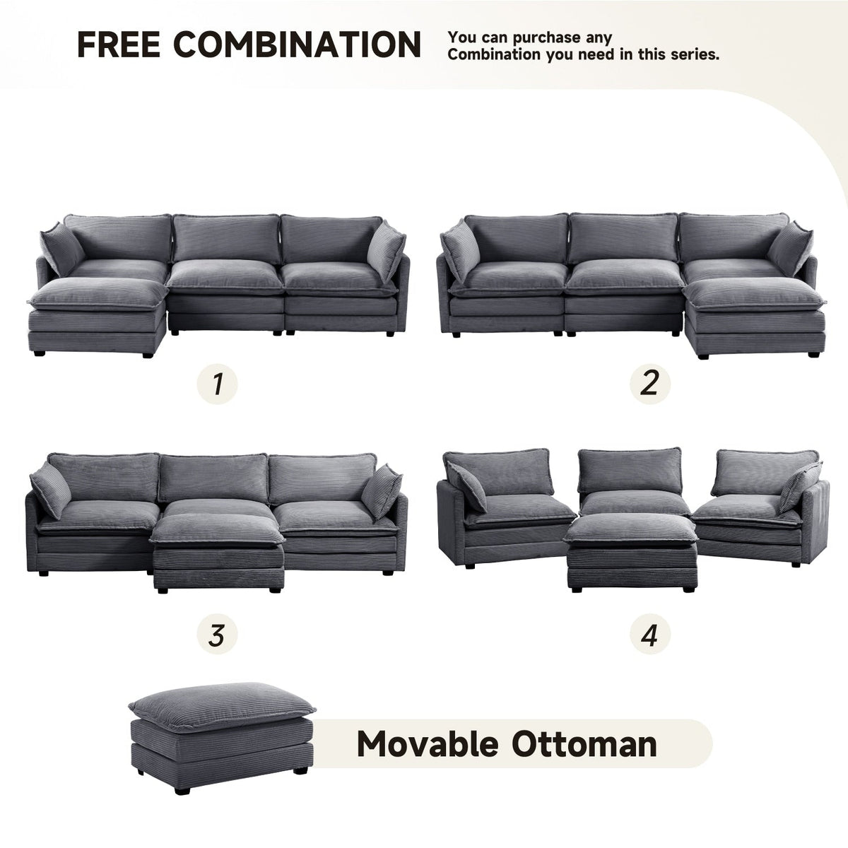 Canapé sectionnel en velours côtelé avec ottomans amovibles & coussins ultra-doux pour salon & chambre