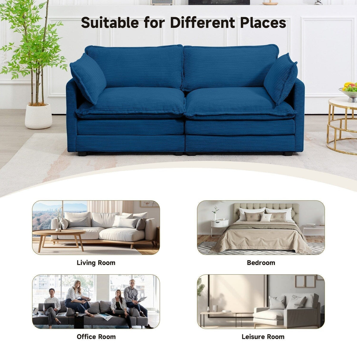 Canapé sectionnel en velours côtelé avec ottomans amovibles & coussins ultra-doux pour salon & chambre