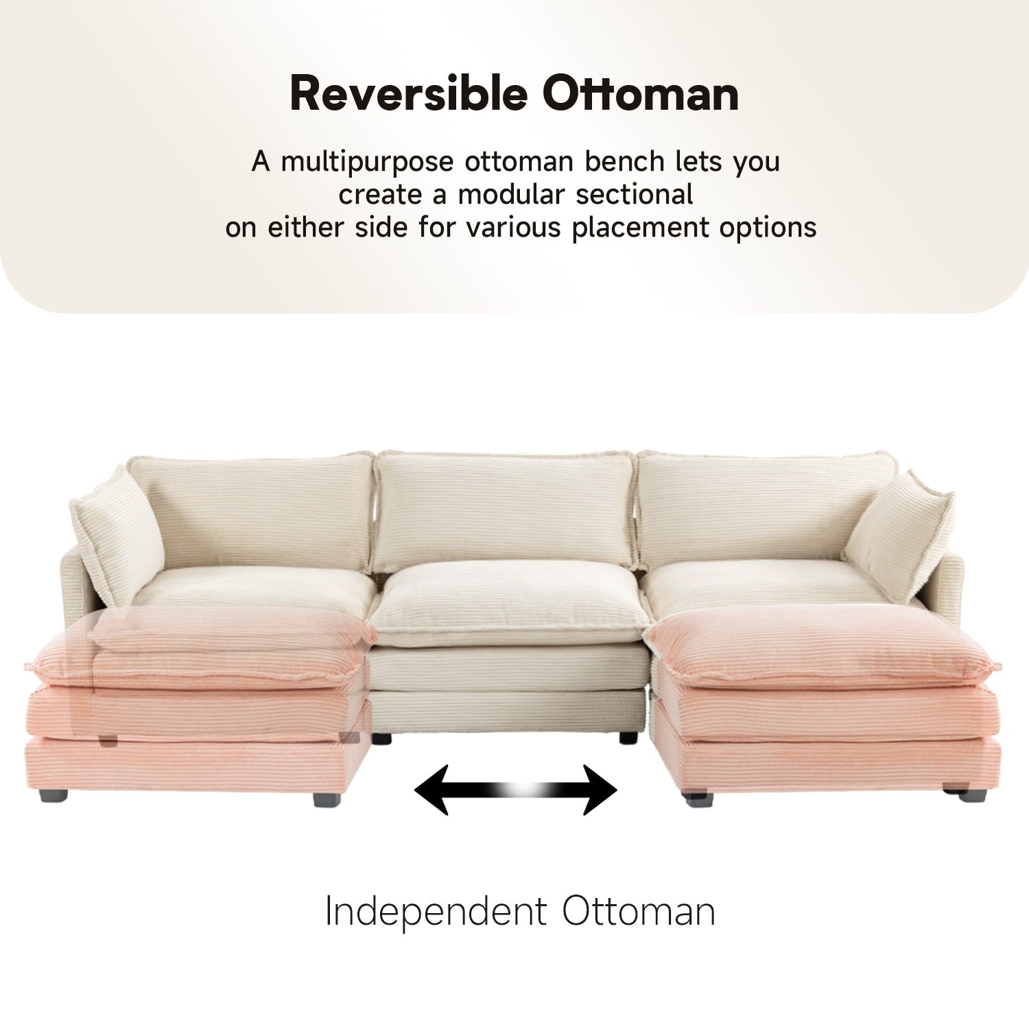 Canapé sectionnel en velours côtelé avec ottomans amovibles & coussins ultra-doux pour salon & chambre