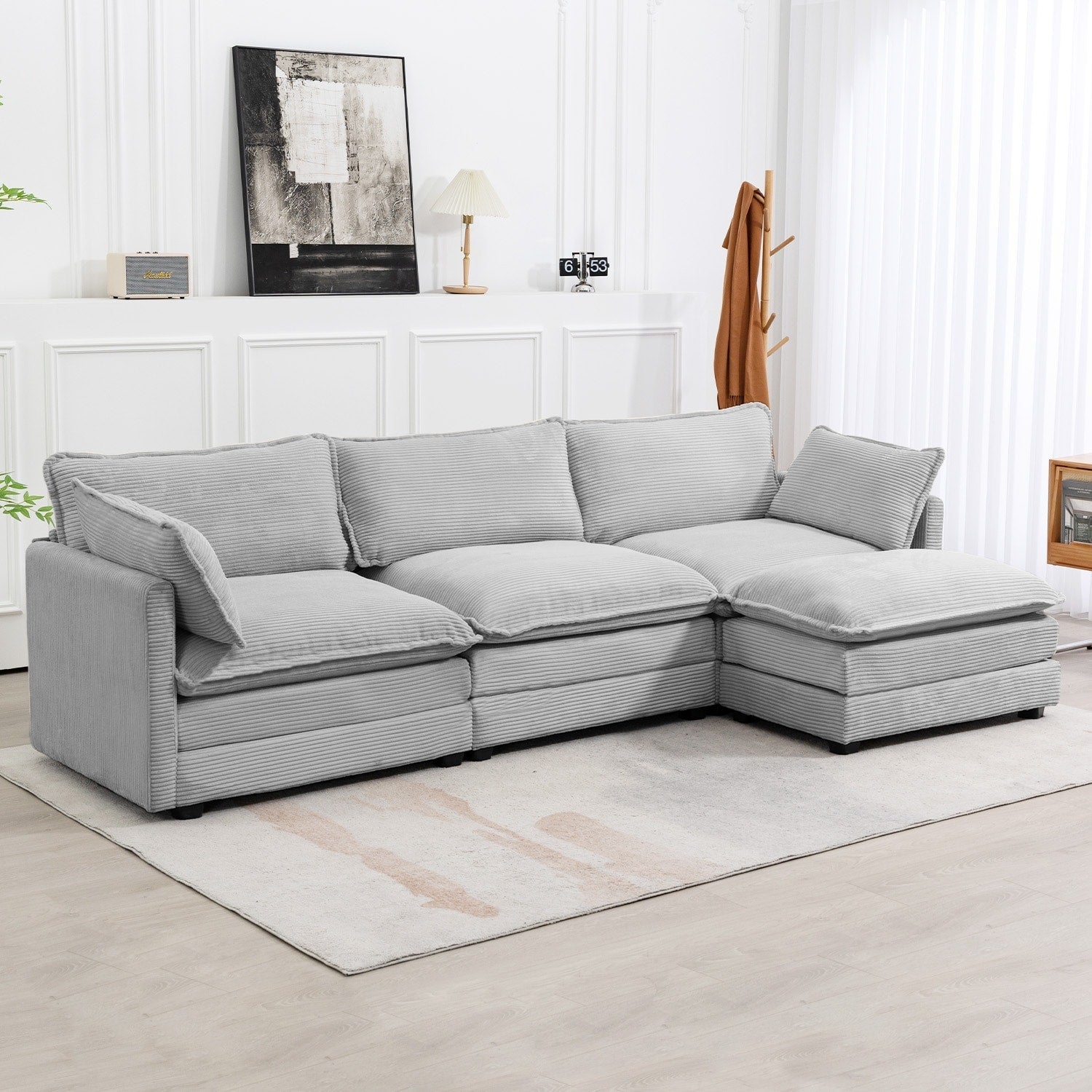 Canapé sectionnel en velours côtelé avec ottomans amovibles & coussins ultra-doux pour salon & chambre