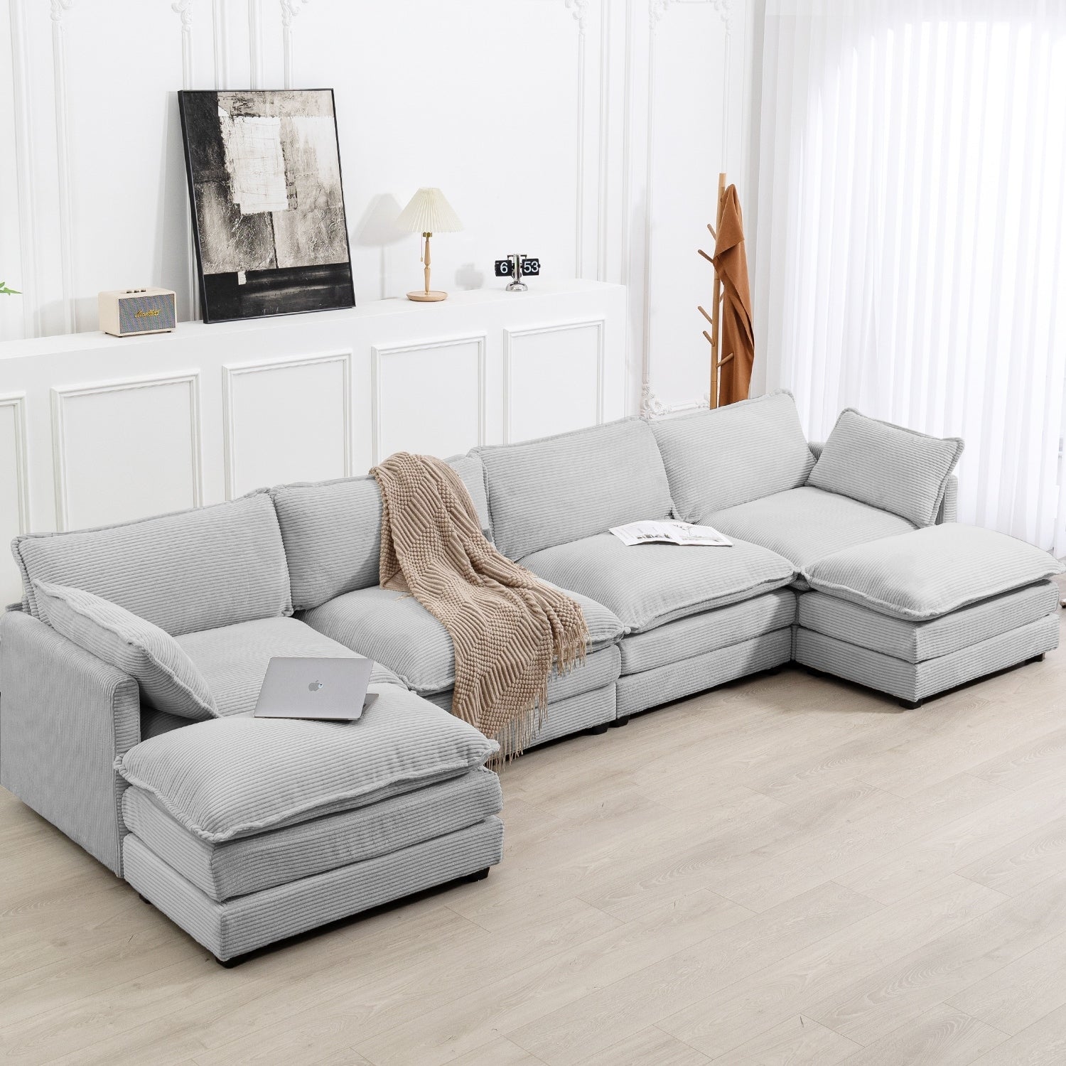 Canapé sectionnel en velours côtelé avec ottomans amovibles & coussins ultra-doux pour salon & chambre