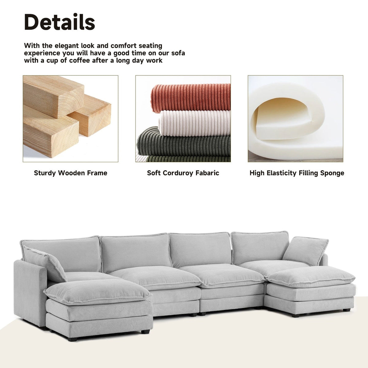 Canapé sectionnel en velours côtelé avec ottomans amovibles & coussins ultra-doux pour salon & chambre