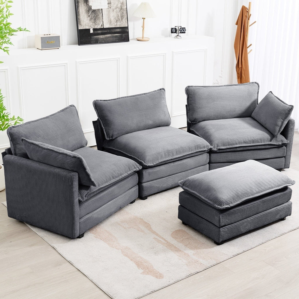 Canapé sectionnel en velours côtelé avec ottomans amovibles & coussins ultra-doux pour salon & chambre