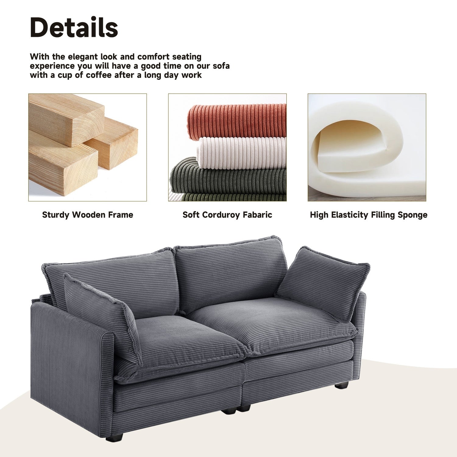 Canapé sectionnel en velours côtelé avec ottomans amovibles & coussins ultra-doux pour salon & chambre