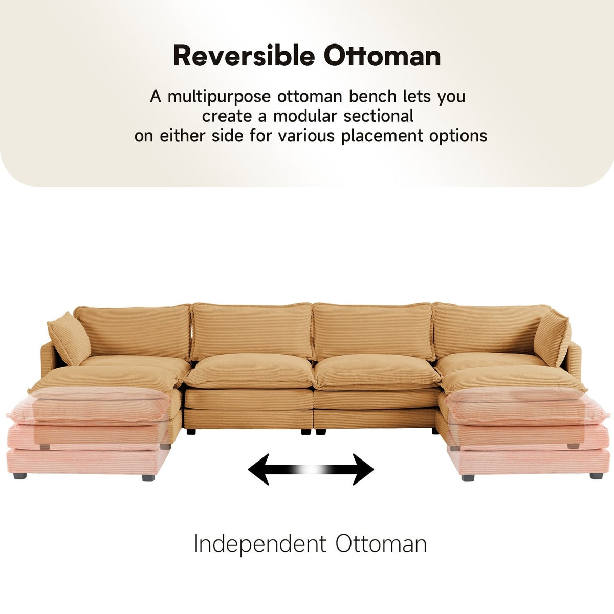 Canapé sectionnel en velours côtelé avec ottomans amovibles & coussins ultra-doux pour salon & chambre
