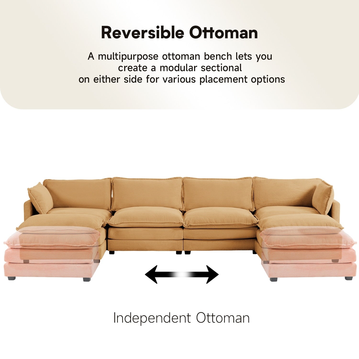 Canapé sectionnel en velours côtelé avec ottomans amovibles & coussins ultra-doux pour salon & chambre