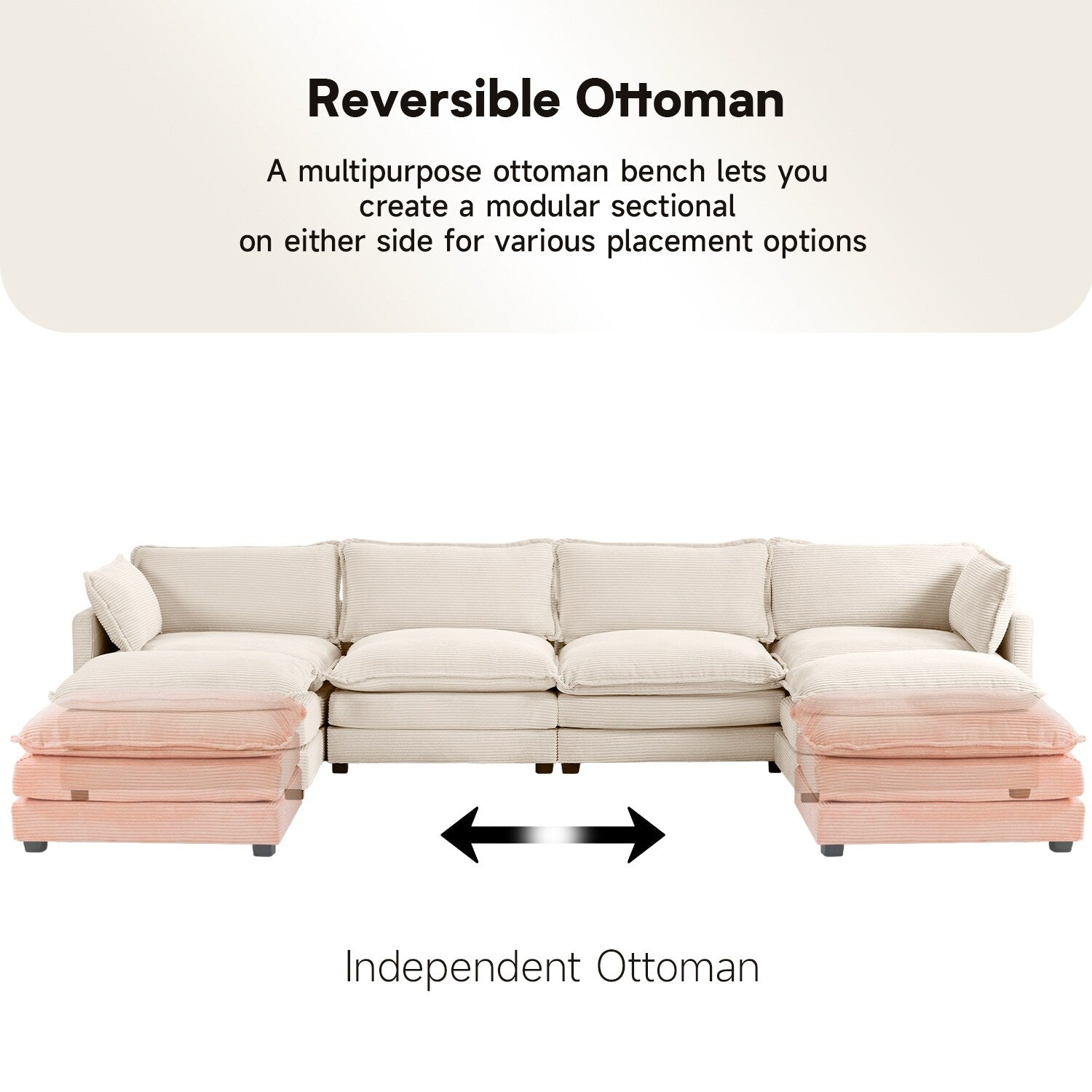Canapé sectionnel en velours côtelé avec ottomans amovibles & coussins ultra-doux pour salon & chambre