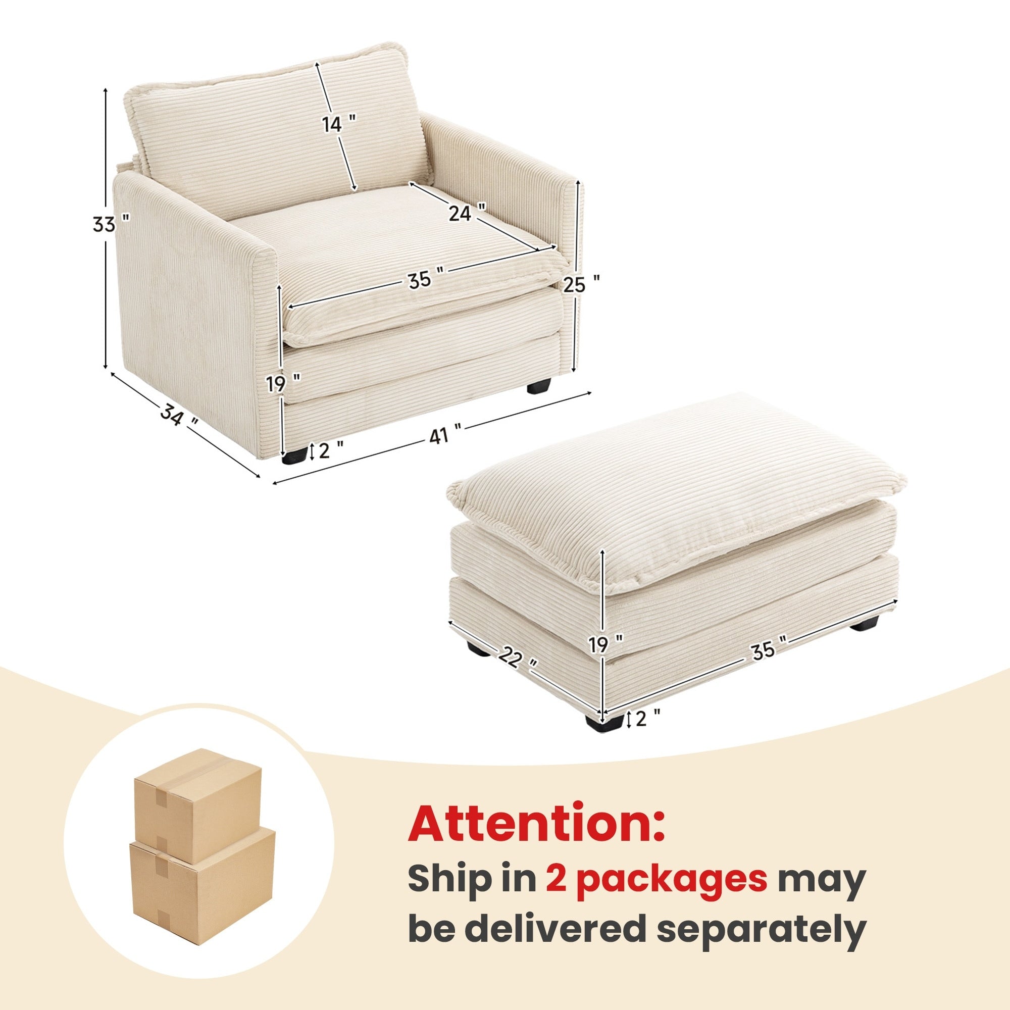 Canapé sectionnel en velours côtelé avec ottomans amovibles & coussins ultra-doux pour salon & chambre