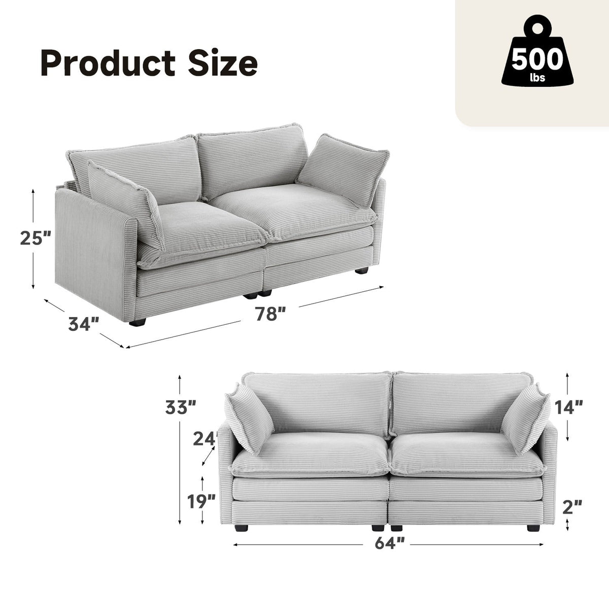 Canapé sectionnel en velours côtelé avec ottomans amovibles & coussins ultra-doux pour salon & chambre