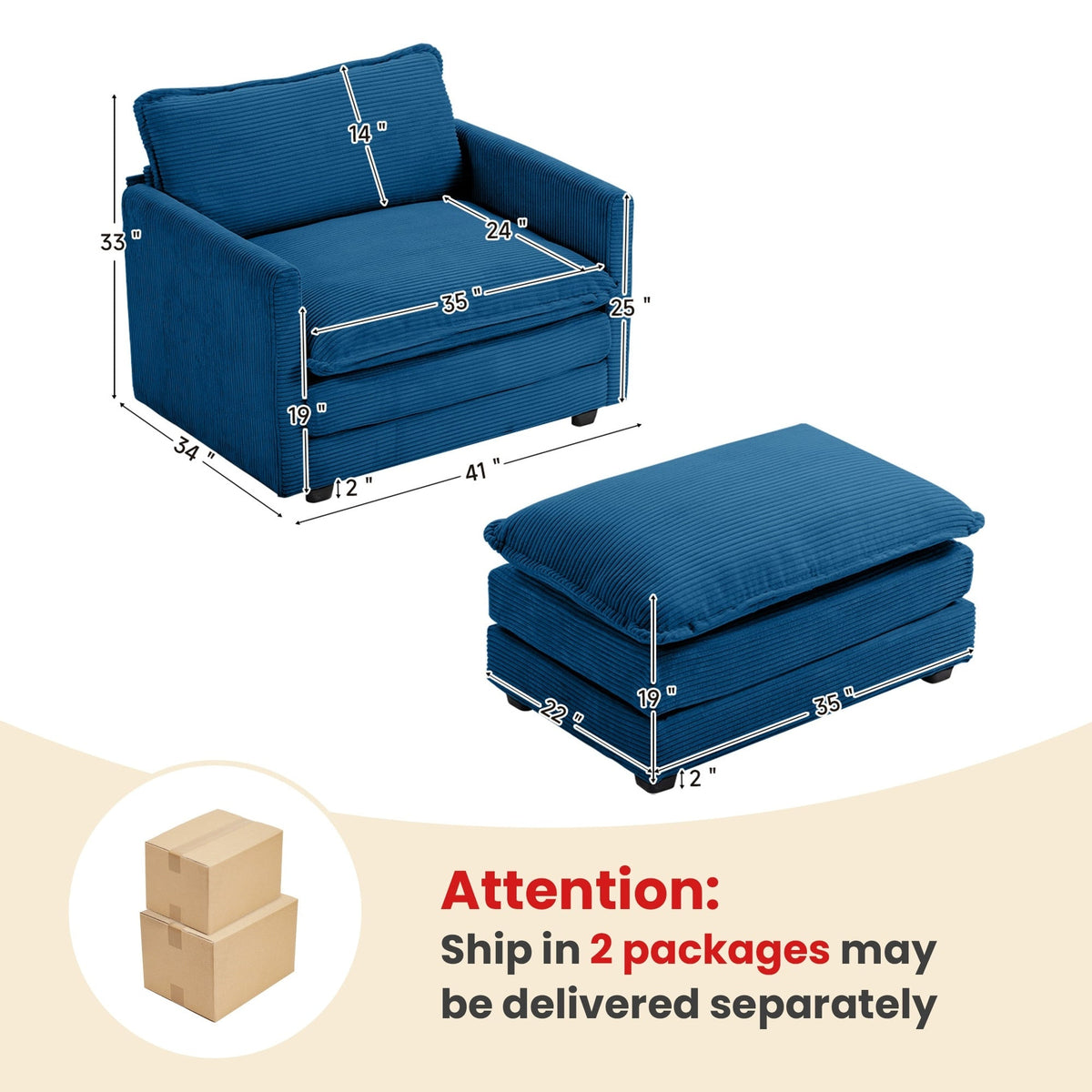 Canapé sectionnel en velours côtelé avec ottomans amovibles & coussins ultra-doux pour salon & chambre