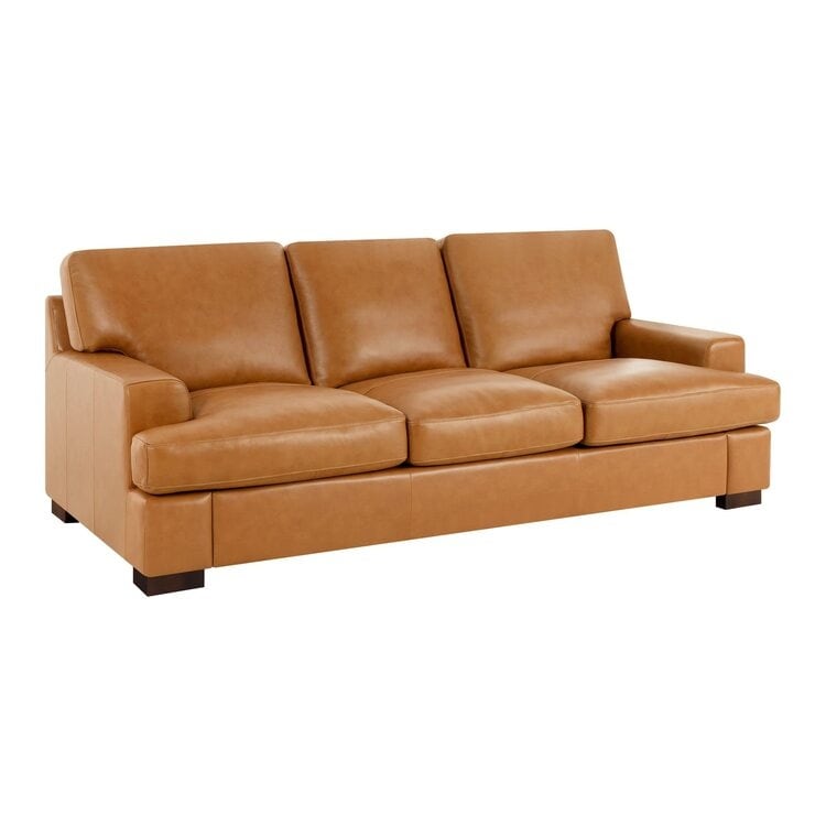 Canapé moderne en cuir véritable avec pieds en bois & coussin traversin supplémentaire