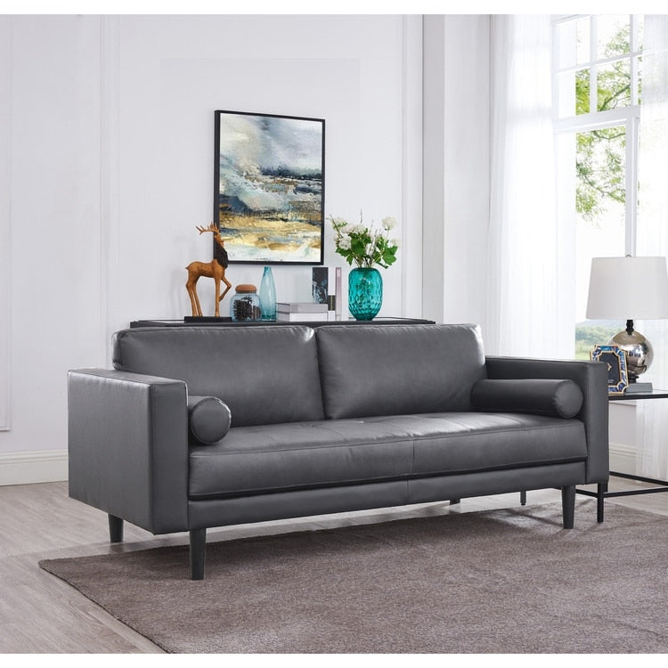 Canapé moderne en cuir véritable avec pieds en bois & coussin traversin supplémentaire