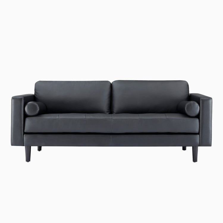 Canapé moderne en cuir véritable avec pieds en bois & coussin traversin supplémentaire