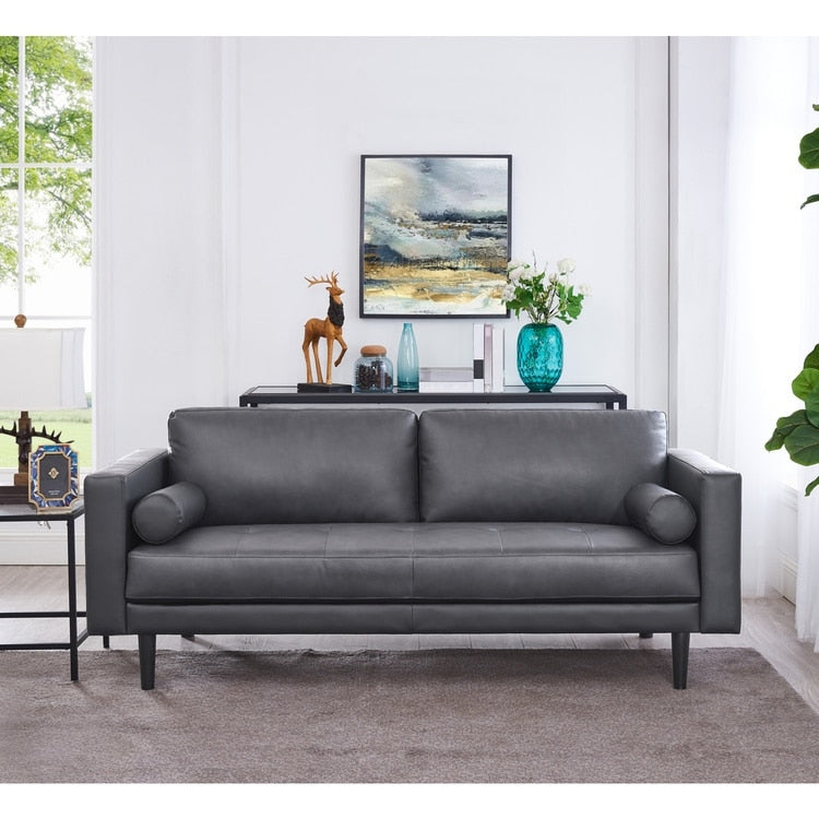Canapé moderne en cuir véritable avec pieds en bois & coussin traversin supplémentaire