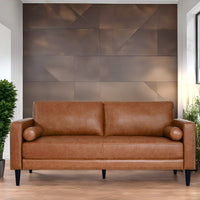 Canapé moderne en cuir véritable avec pieds en bois & coussin traversin supplémentaire