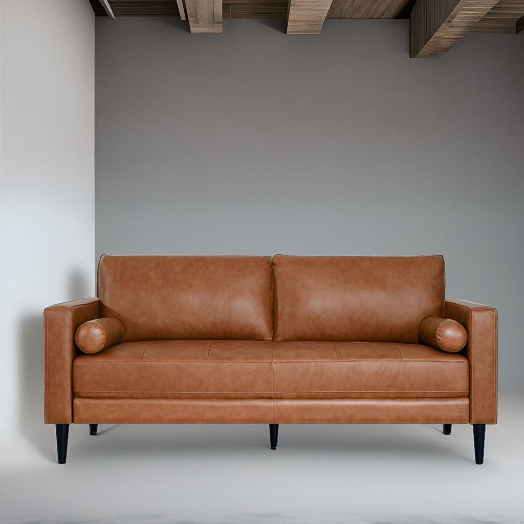 Canapé moderne en cuir véritable avec pieds en bois & coussin traversin supplémentaire