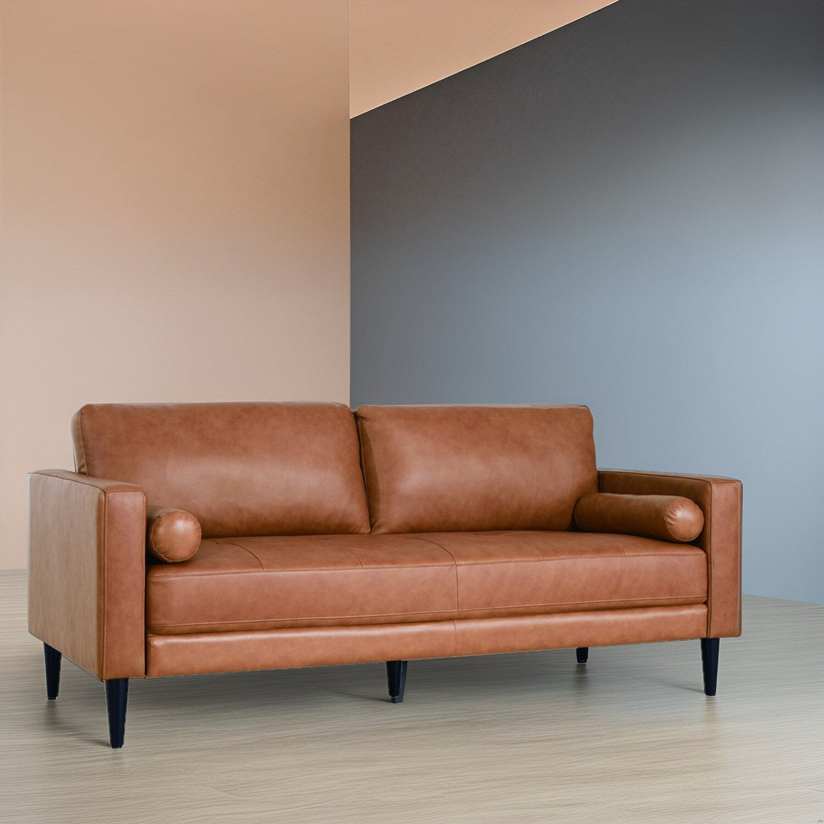 Canapé moderne en cuir véritable avec pieds en bois & coussin traversin supplémentaire