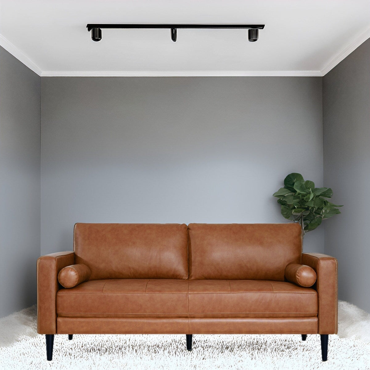 Canapé moderne en cuir véritable avec pieds en bois & coussin traversin supplémentaire