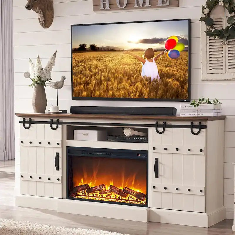Meuble TV cheminée style ferme, meuble multimédia, console média