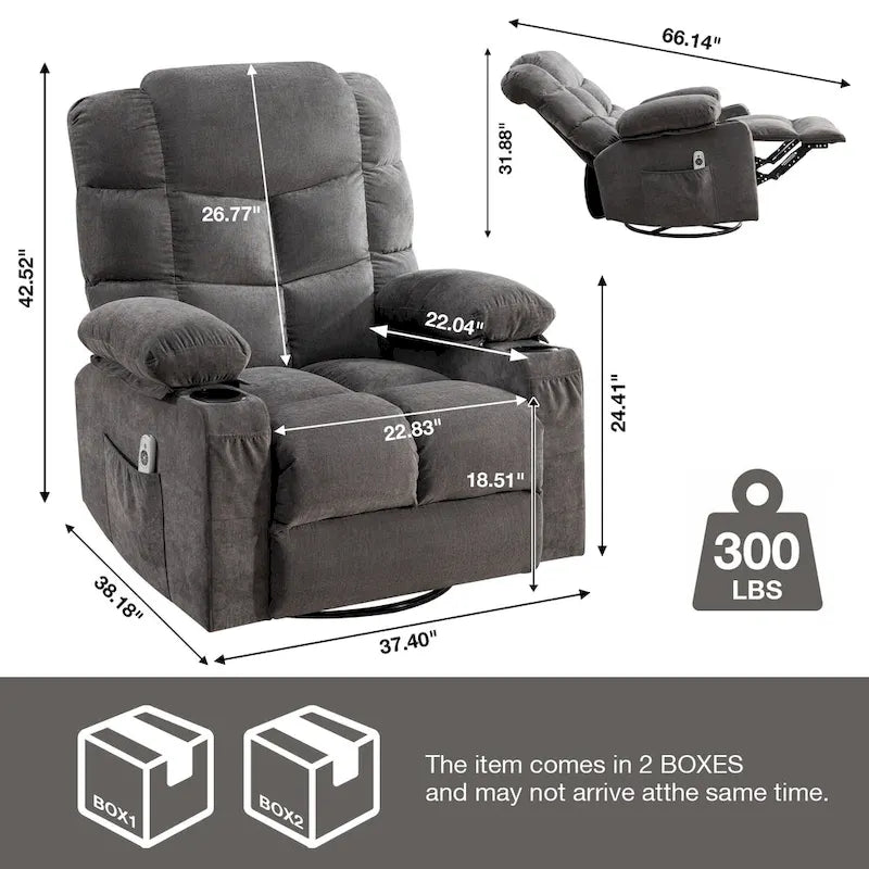 Fauteuil inclinable surdimensionné gris avec chauffage et massage, inclinaison 150, bascule 30, charge USB et 2 porte-gobelets