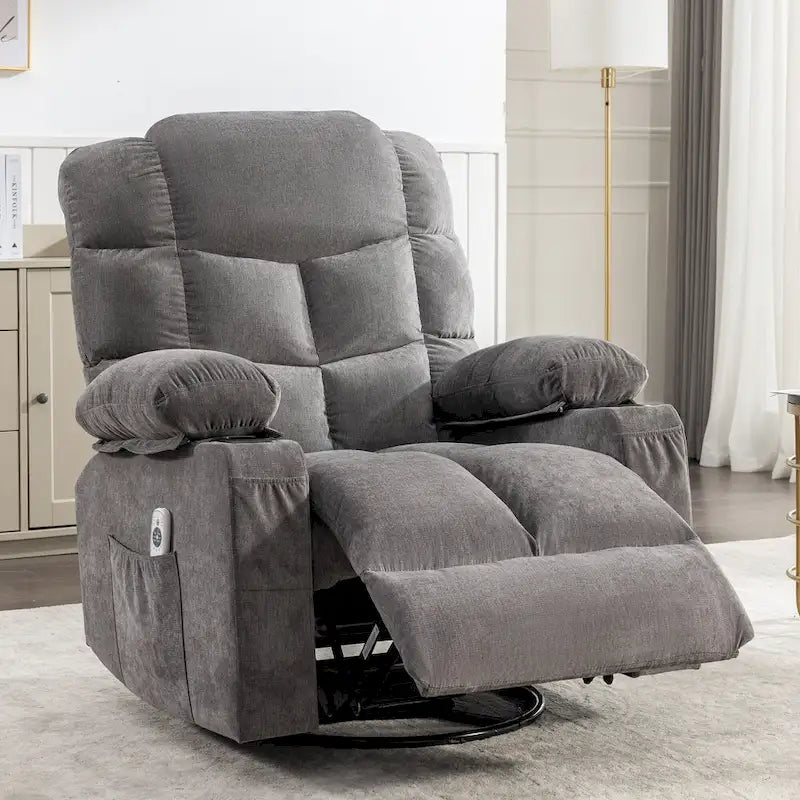 Fauteuil inclinable surdimensionné gris avec chauffage et massage, inclinaison 150, bascule 30, charge USB et 2 porte-gobelets