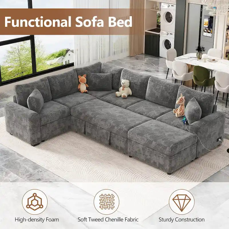 Canapé sectionnel en chenille avec canapé-lit escamotable, canapé-lit en forme de L avec ottoman de rangement, 3 coussins et prises de charge