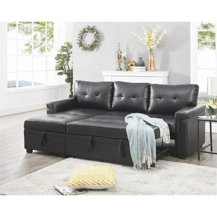 Canapé sectionnel convertible réversible avec lit escamotable, méridienne de rangement dissimulée et pieds durables
