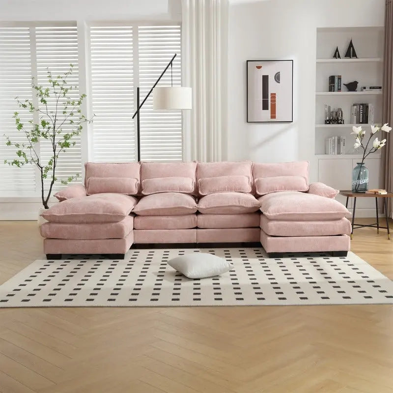 Canapé Sectionnel Canapé Nuage pour Salon, Canapé Moderne Forme U en Chenille/Bouclette, Canapé-Lit Modulable Confortable avec Double Méridienne
