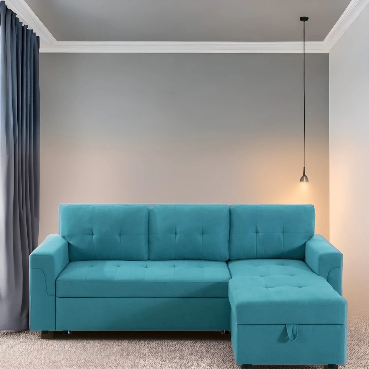 Canapé sectionnel convertible réversible avec lit escamotable, méridienne de rangement dissimulée et pieds durables