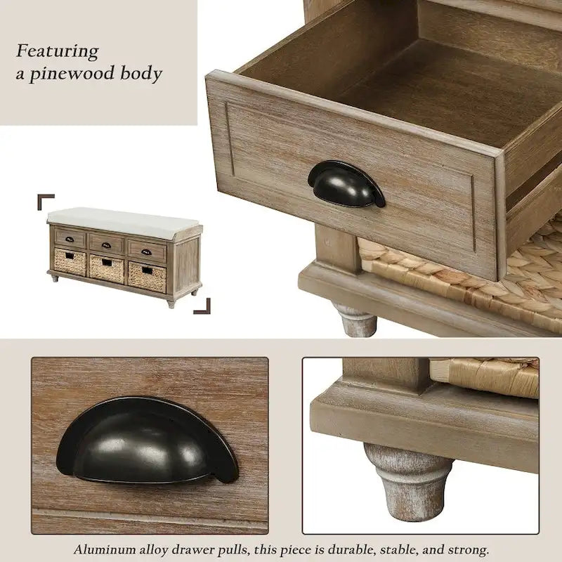 Banc de rangement rustique avec 3 tiroirs et 3 paniers en rotin, banc à chaussures pour salon et entrée