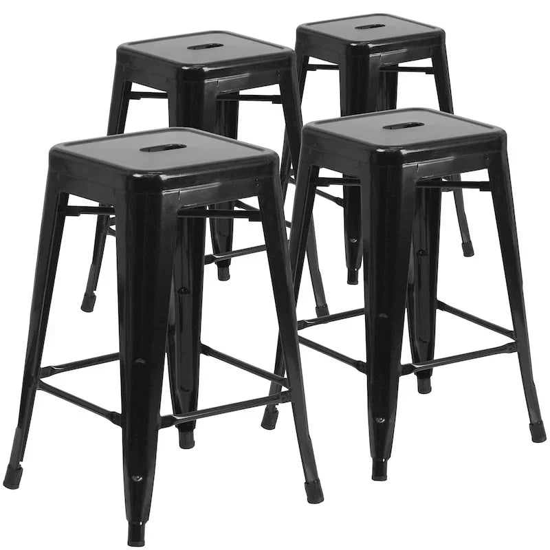 Lot de 4 tabourets hauteur comptoir d'intérieur-extérieur en métal sans dossier 24 H, avec assise carrée