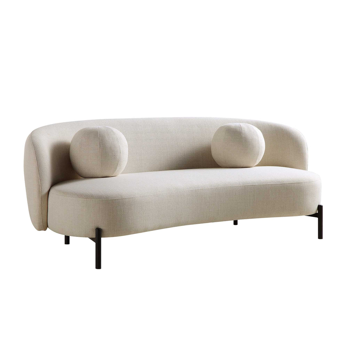 Canapé incurvé 3 places avec coussins boule, mélange de lin beige
