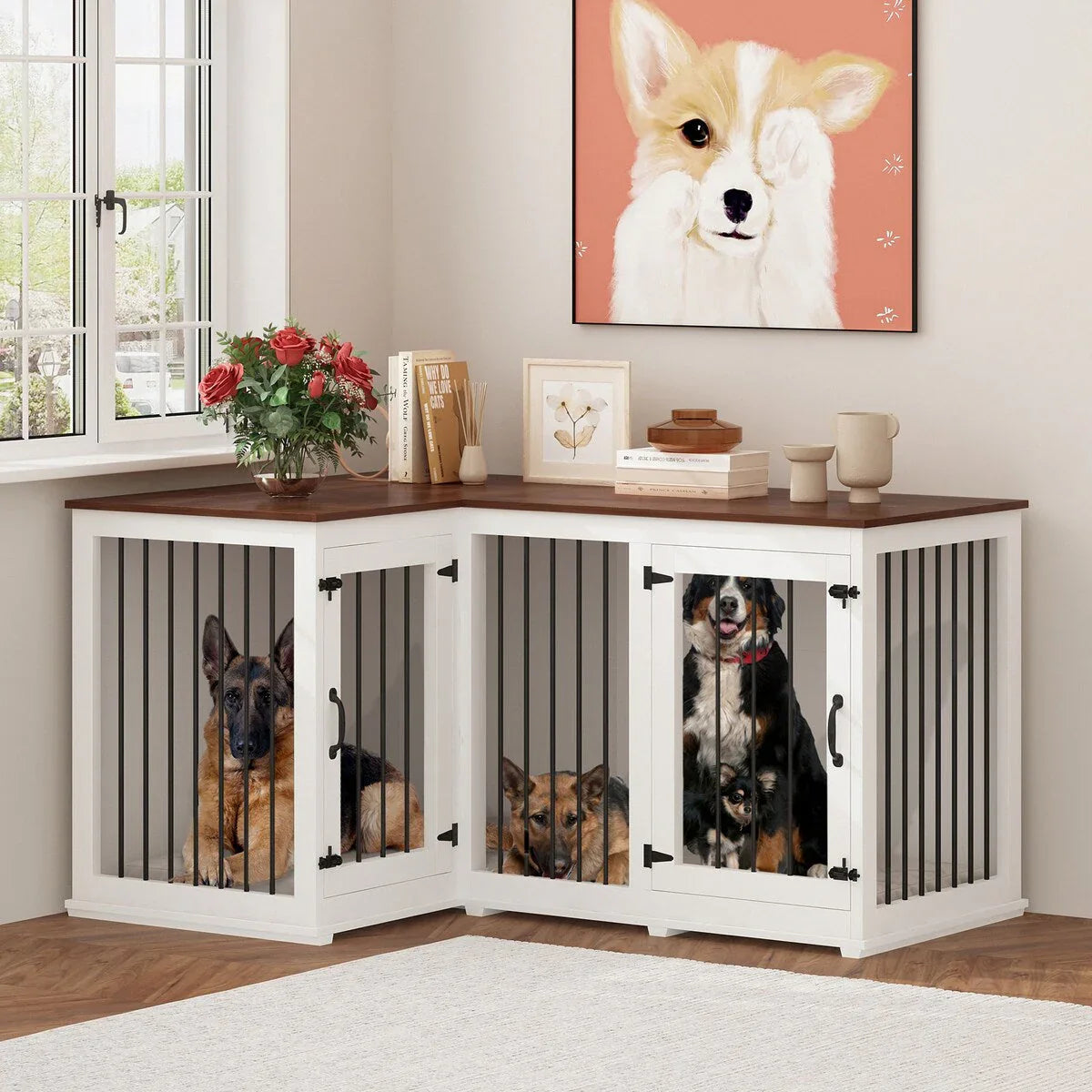 Grand meuble cage d'angle pour chien pour 2 chiens, cage pour chien en forme de L - 58.7X41.1