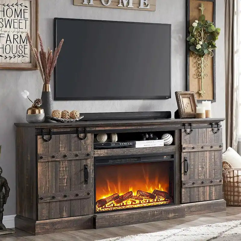 Meuble TV cheminée style ferme, meuble multimédia, console média