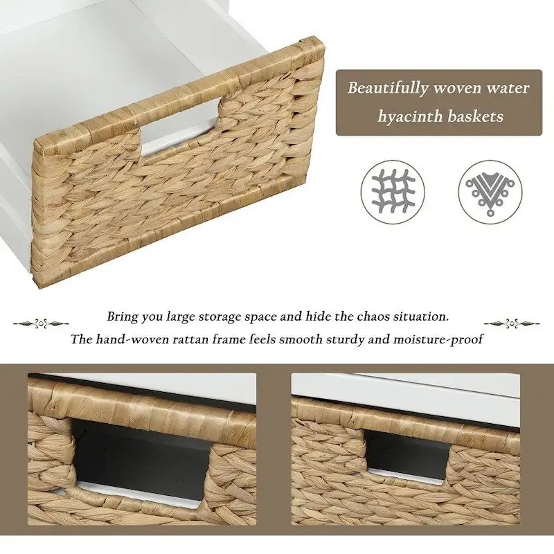 Banc de rangement rustique avec 3 tiroirs et 3 paniers en rotin, banc à chaussures pour salon et entrée