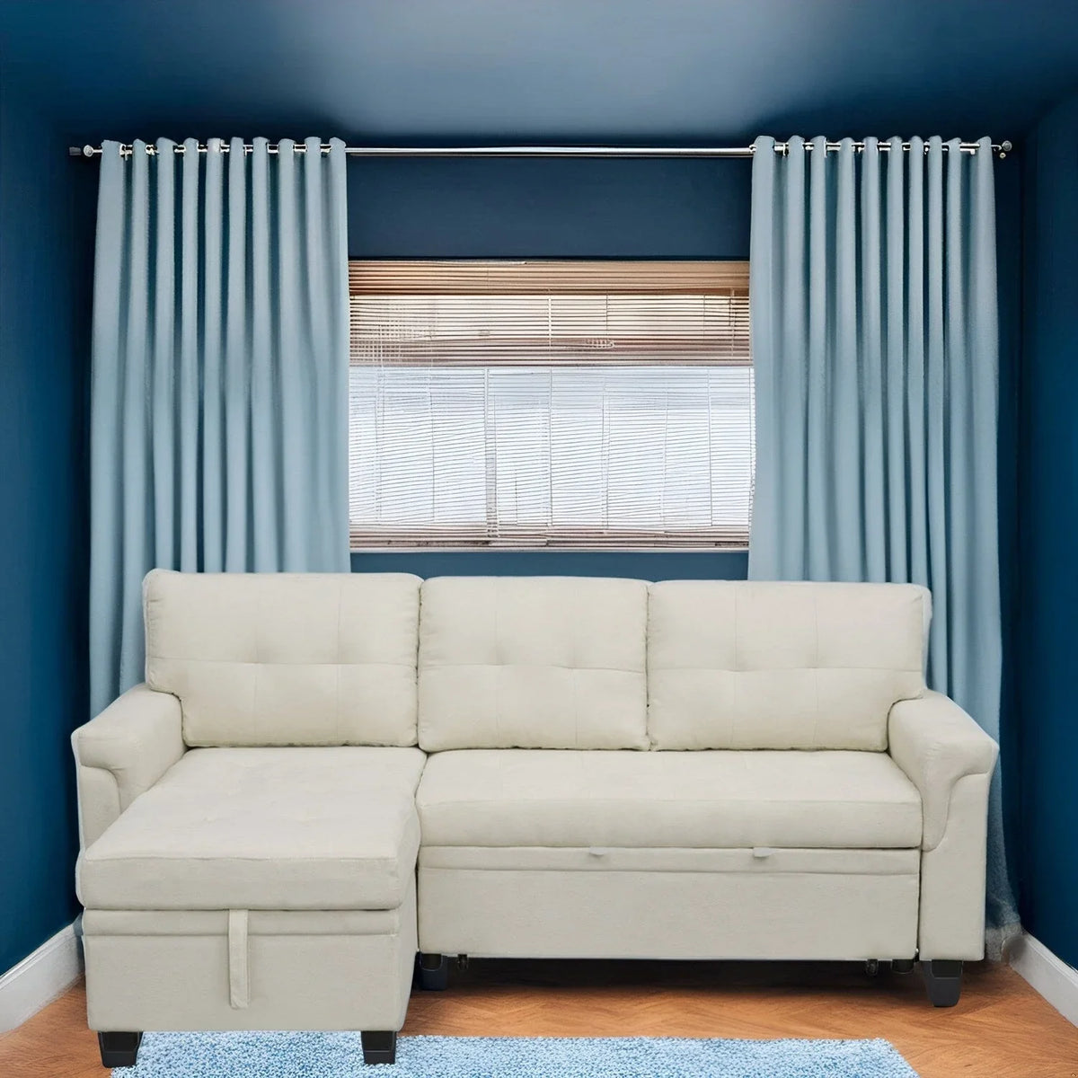 Canapé sectionnel réversible avec lit escamotable, méridienne de rangement dissimulée, pieds durables,