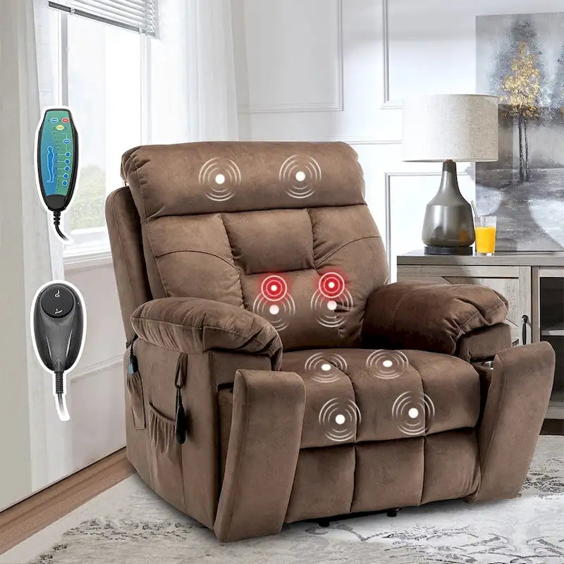 Grand fauteuil releveur massant électrique avec chauffage, porte-gobelet caché