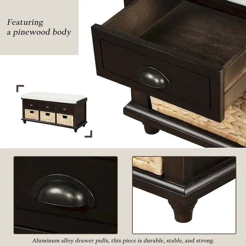 Banc de rangement rustique avec 3 tiroirs et 3 paniers en rotin, banc à chaussures pour salon et entrée