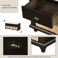 Banc de rangement rustique avec 3 tiroirs et 3 paniers en rotin, banc à chaussures pour salon et entrée