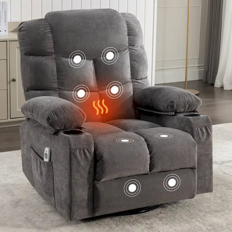 Fauteuil inclinable surdimensionné gris avec chauffage et massage, inclinaison 150, bascule 30, charge USB et 2 porte-gobelets
