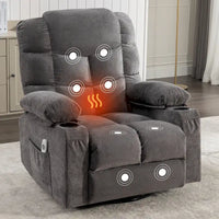 Fauteuil inclinable surdimensionné gris avec chauffage et massage, inclinaison 150, bascule 30, charge USB et 2 porte-gobelets