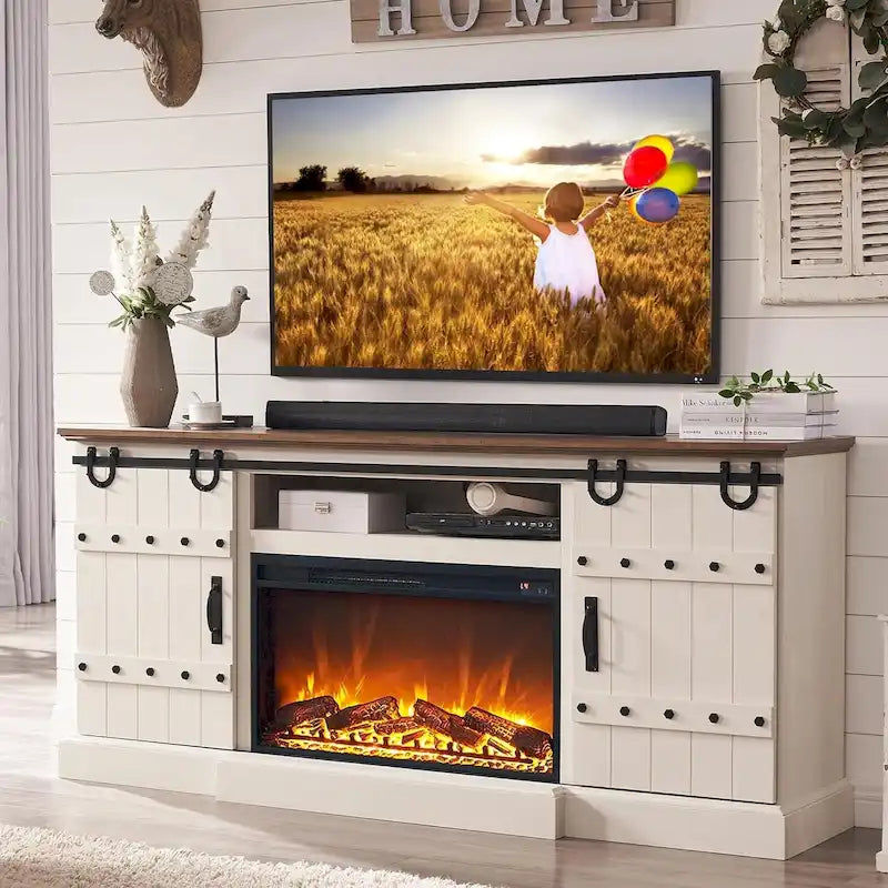 Meuble TV cheminée style ferme, meuble multimédia, console média