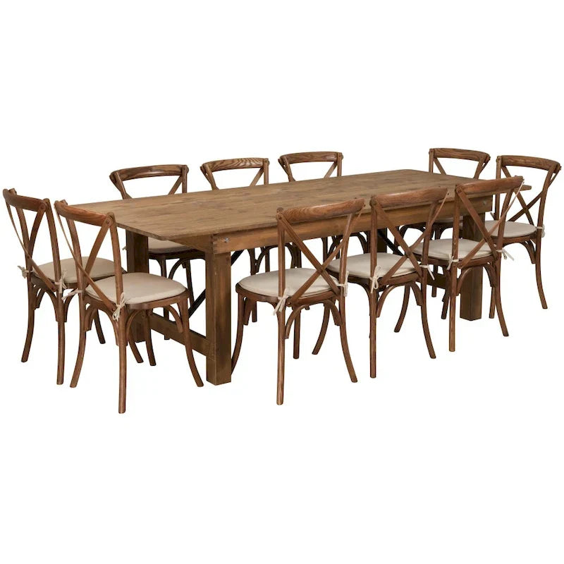 Ensemble de table de ferme pliante rustique 8' x 40 avec 10 chaises à dossier croisé et coussins