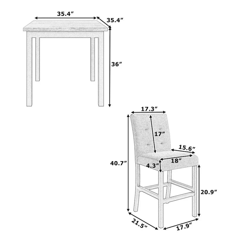 Ensemble de salle à manger hauteur comptoir 5 pièces, ensemble table à manger en bois avec table rectangulaire et 4 chaises rembourrées à dossier haut