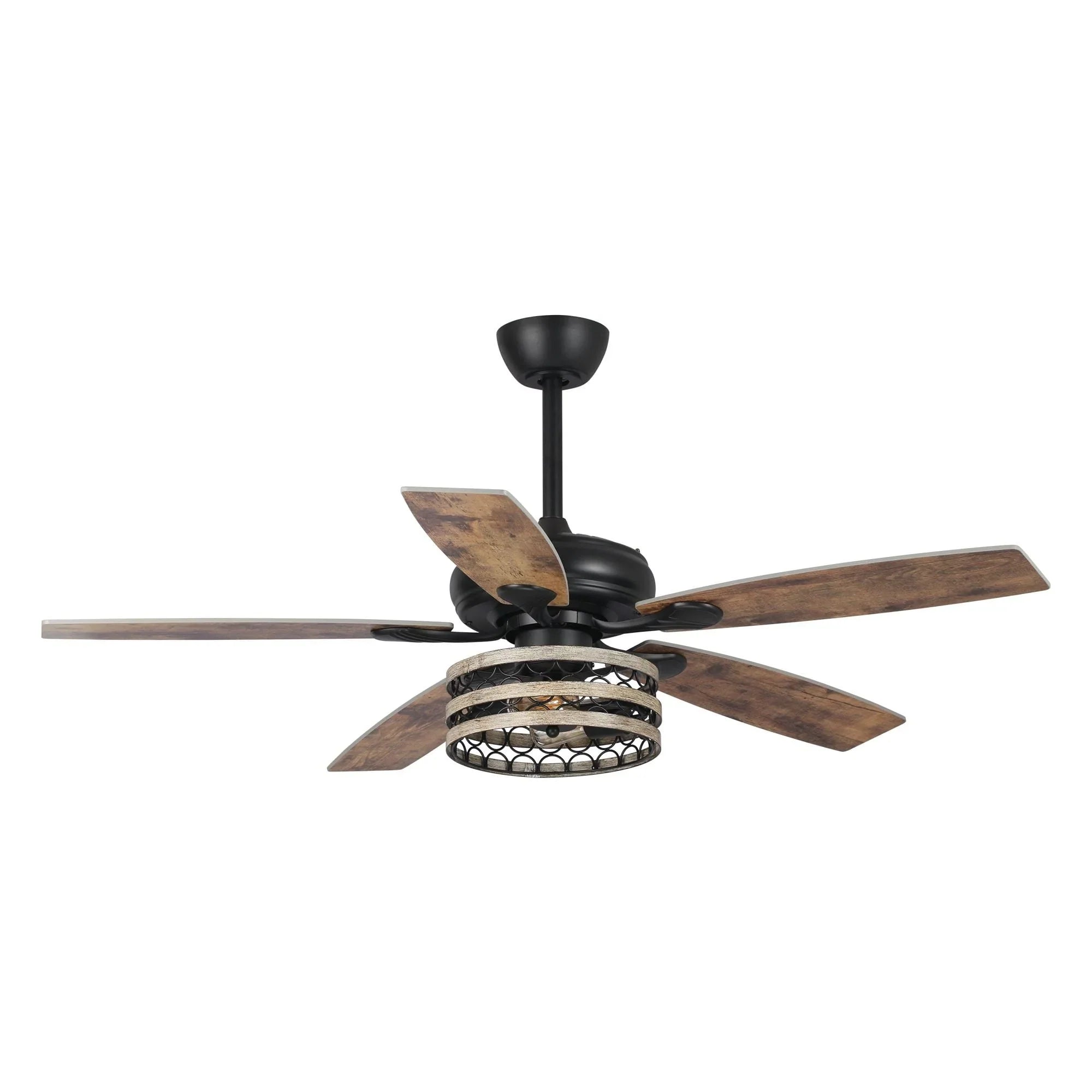 Ventilateur de plafond cage noir 52 style ferme bois flotté 5 pales avec télécommande