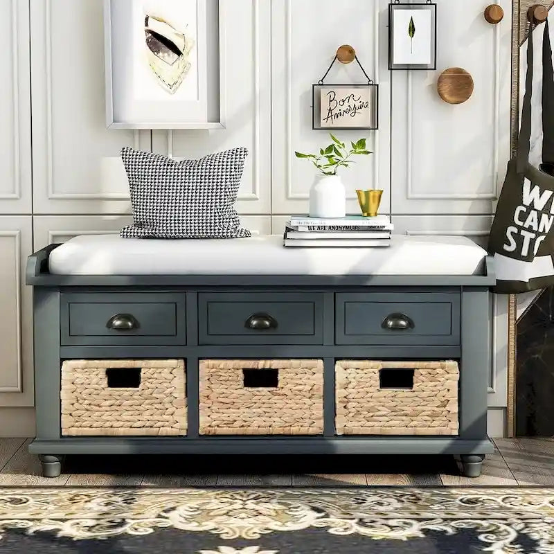 Banc de rangement rustique avec 3 tiroirs et 3 paniers en rotin, banc à chaussures pour salon et entrée