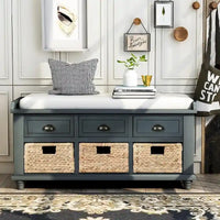 Banc de rangement rustique avec 3 tiroirs et 3 paniers en rotin, banc à chaussures pour salon et entrée