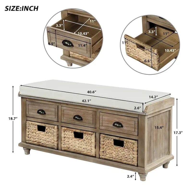Banc de rangement rustique avec 3 tiroirs et 3 paniers en rotin, banc à chaussures pour salon et entrée